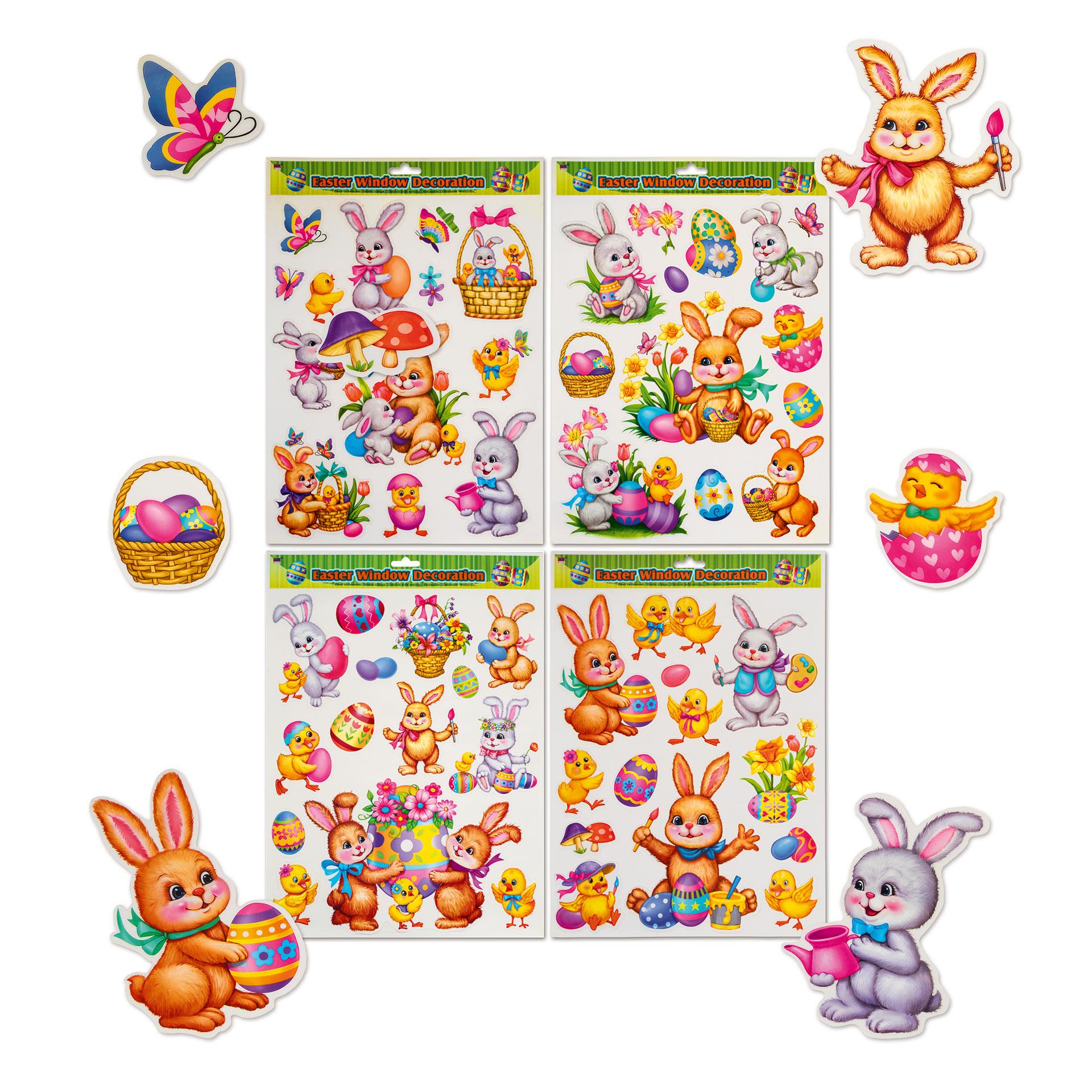 Fenstersticker Ostern Set in glänzender Laserfolien-Optik mit bunten Osterhasen, Eiern, Küken und Frühlingsblumen