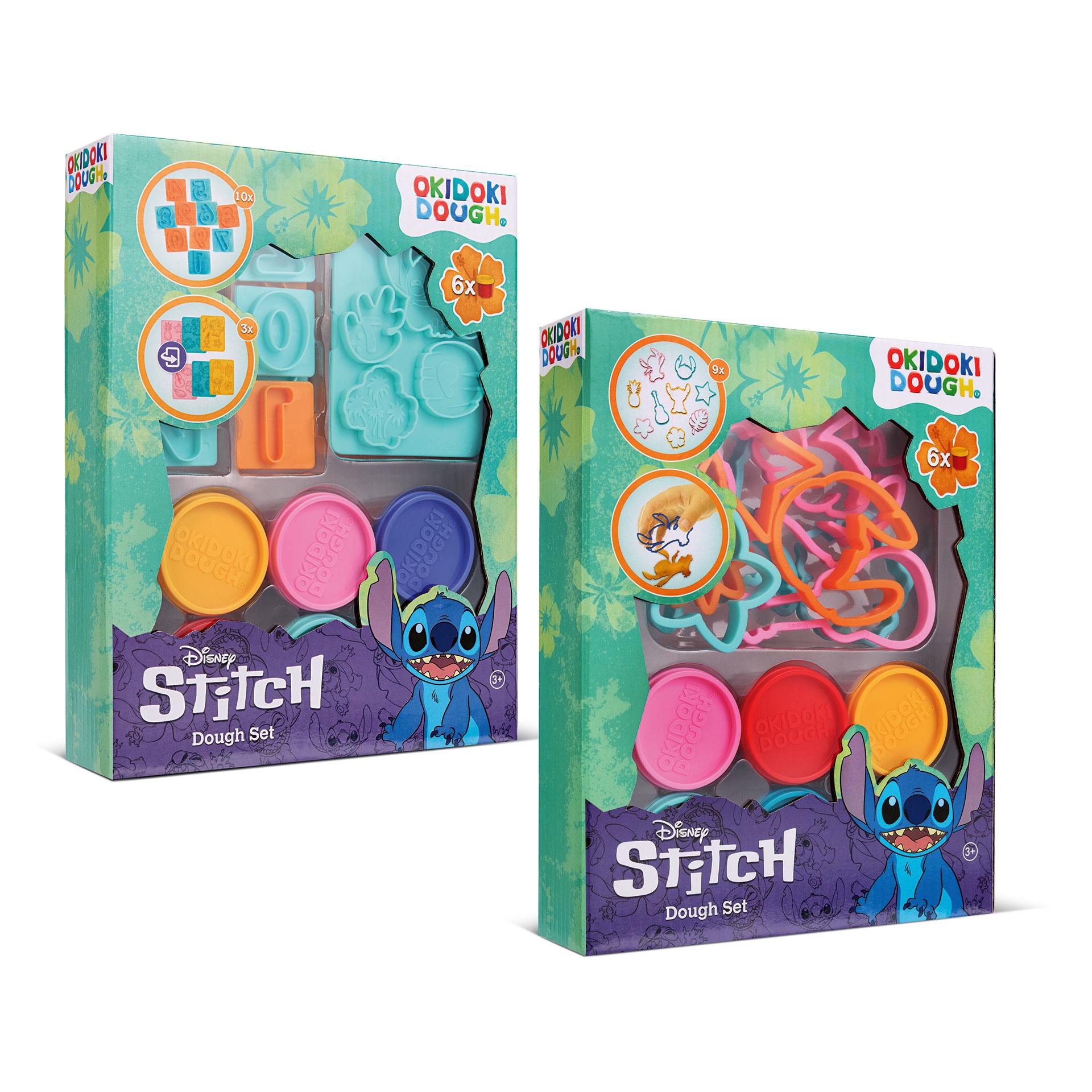 Set de pâte à modeler multicolore avec 12 pâtes à modeler en 6 couleurs, différentes formes de pâte à modeler et des tampons avec des motifs Stitch pour les enfants créatifs