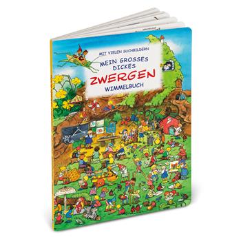 Buntes Zwergen Wimmelbuch mit liebevoll gestalteten Such- und Wimmelbildern, ideal für Kinder.