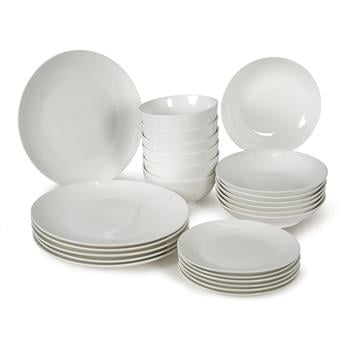 Geschirrset Classic Weiss, 24-teilig, bestehend aus flachen Tellern, Desserttellern, Suppentellern und Schalen, in hochwertigem New Bone China Material